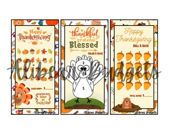 May include: Three printable Thanksgiving-themed activity sheets. The first sheet features a "Happy Thanksgiving" title and a hidden picture game with fall leaves, acorns, and pumpkins. The second sheet has a turkey to color and count the feathers. The third sheet has a "Happy Thanksgiving Roll & Save" title and a game to track savings with acorns.