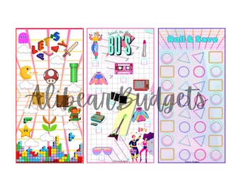 May include: Three printable digital planner pages with a retro 80s theme. The first page features a pixelated video game design with the text "Let's Play". The second page has the text "Back to the 80's" with a cassette tape, a television, and a pair of sunglasses. The third page has the text "Roll & Save" with a grid of circles, squares, and triangles.