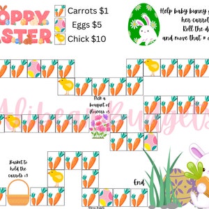 May include: A colorful game board with a bunny rabbit, carrots, chicks, and eggs. The game board is designed for a child to play and learn about Easter. The game board has a start and end point and includes instructions to help baby bunny gather all her carrots. The game board is titled "Hoppy Easter".