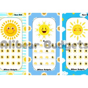 May include: Three colourful savings tracker cards with a sun theme. Each card features a smiling sun graphic and a series of numbered spaces to track savings. The cards are labelled "Save $16" and "Save $32". The text "Alibear Budgets" is also visible.