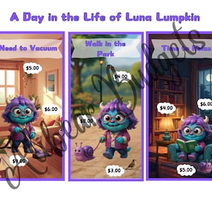 May include: A digital illustration titled A Day in the Life of Luna Lumpkin featuring a purple monster character in three scenes: vacuuming a living room, walking a purple snail in a park, and reading a book in a chair at night with price tags.