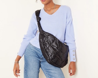 Quilted Shoulder Bag XL Crossbody Bag Padded Nylon Bag Black Black