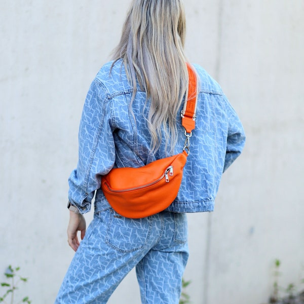 Leather fanny pack, nappa leather shoulder bag, crossbody bag, belt bag with leather strap