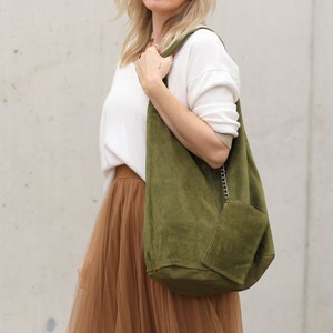 Borsa Borsa in pelle scamosciata Slouchy Totes XL Borsa hobo Shopper in vera pelle Khaki