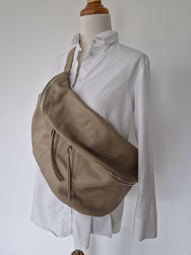 Bauchtasche XXL Maxi Leder Nappaleder Umhängetasche Crossbody Tasche Gürteltasche mit LEDERGURT Taupe