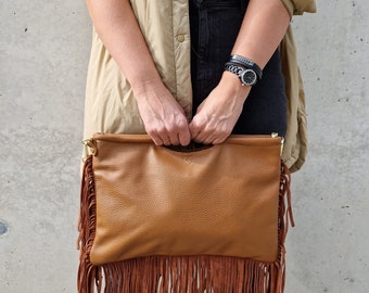 Tas leren handtas met franjes van nappaleer schoudertas crossbody tas met leren riem clutch