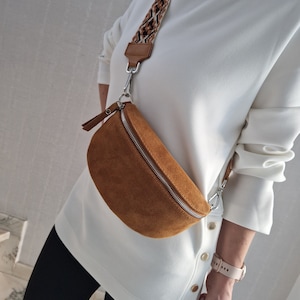 Bum Bag Suede Leather Shoulder Bag Crossbody Bag Belt Bag Silver Details Camel