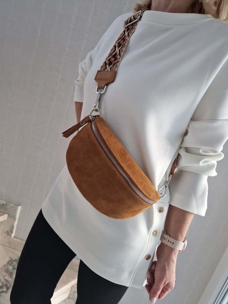 Bum Bag Suede Leather Shoulder Bag Crossbody Bag Belt Bag Silver Details Camel
