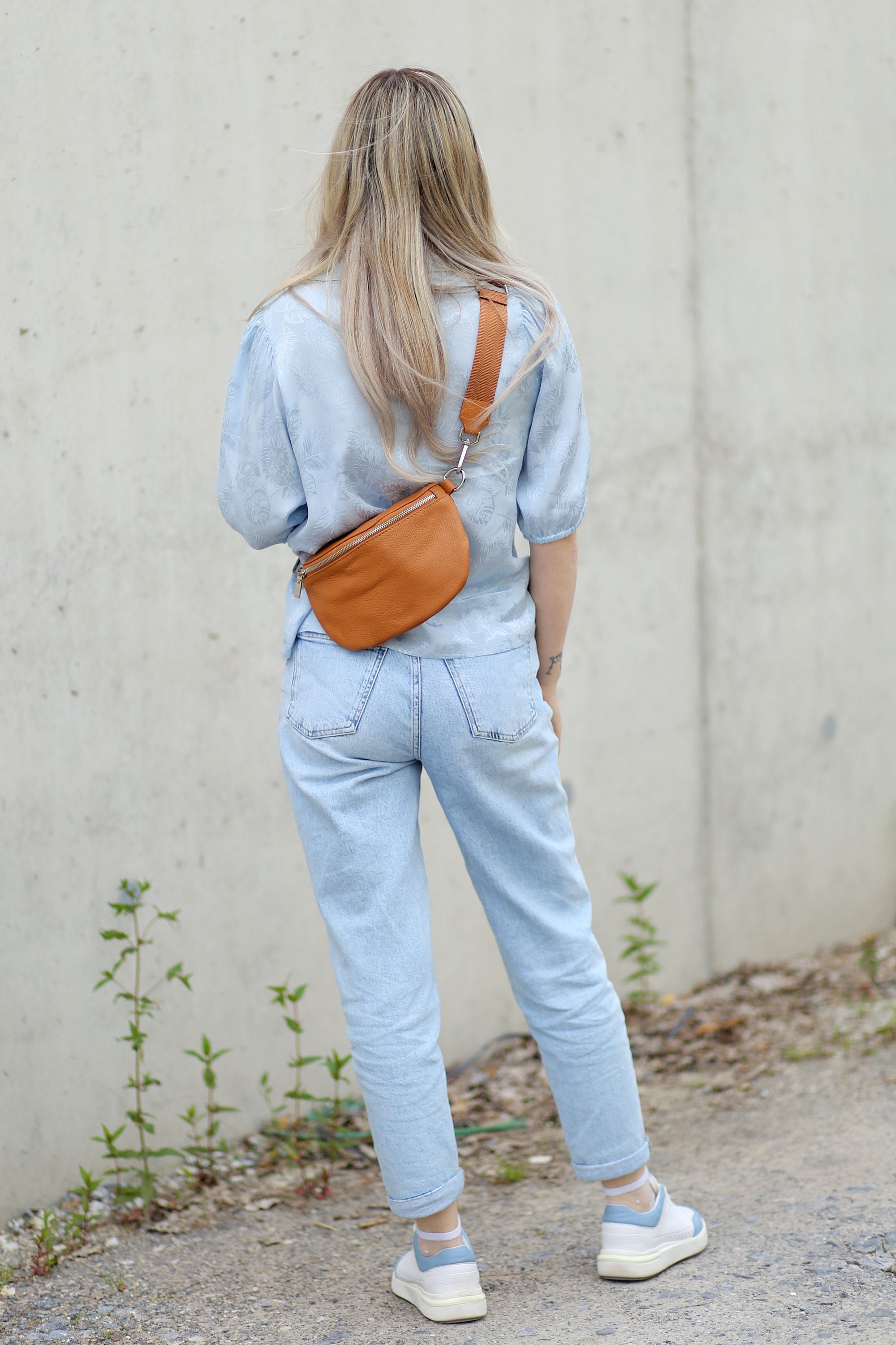 Bum bag leather shoulder bag crossbody bag belt bag double zipper with LEATHER STRAP