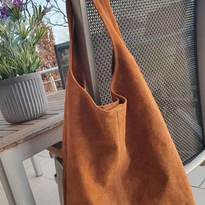 Borsa Borsa in pelle scamosciata Slouchy Totes XL Borsa hobo Shopper in vera pelle Cognac