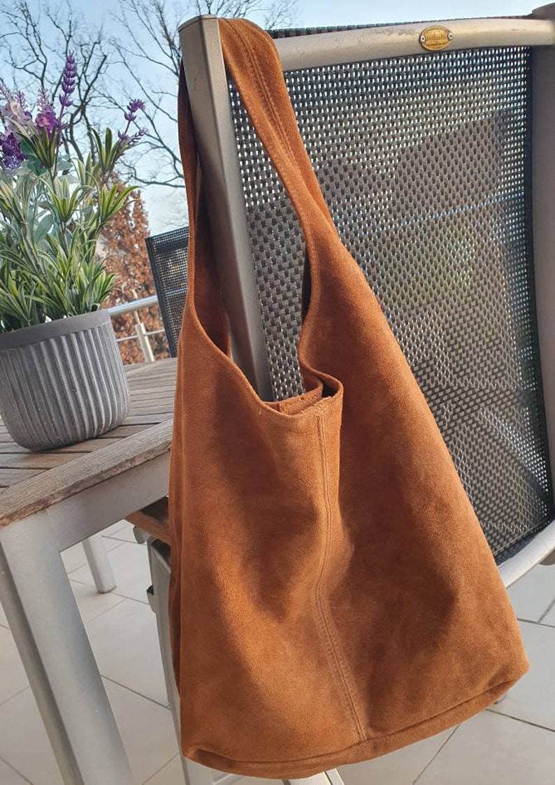 Borsa Borsa in pelle scamosciata Slouchy Totes XL Borsa hobo Shopper in vera pelle Cognac