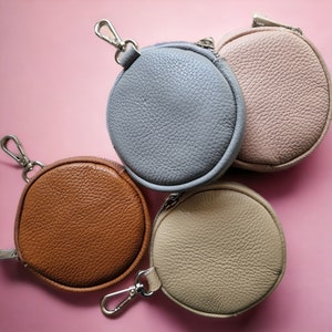 Wallet Coin Purse Round Small Leather Zipper Nappa Leather with Carabiner Coin Bag