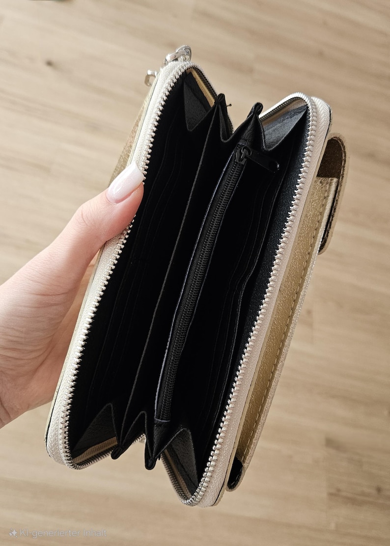 May include: Open, gold-colored wallet with a zipper closure. The interior is black with multiple compartments and a zippered pocket. The wallet is held open, showcasing its storage capacity and design.