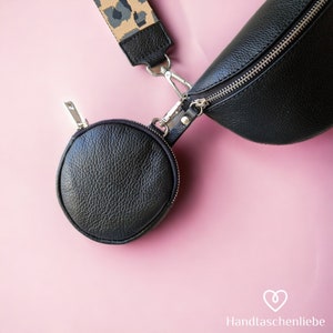 Wallet Coin Purse Round Small Leather Zipper Nappa Leather with Carabiner Coin Bag Schwarz