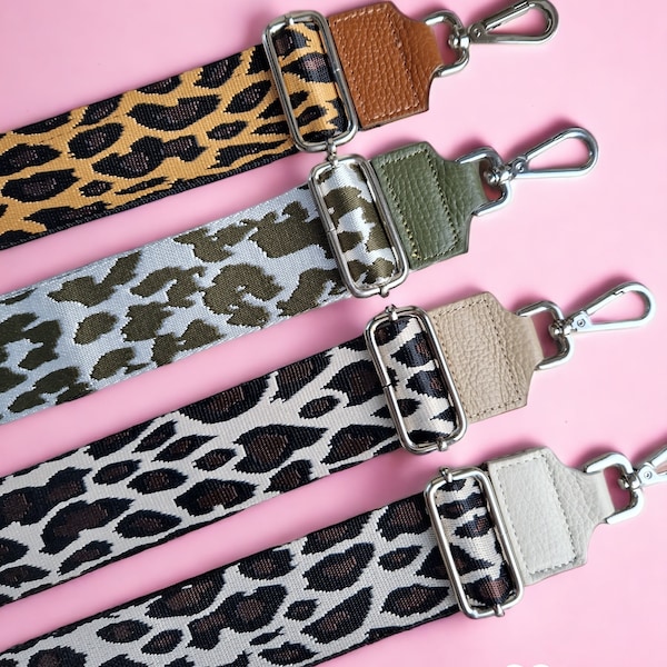Taschenriemen Taschen breiter Gurt Leopard Umhängegurt Stoff Bag Strap Silber Verschluss Wechselgurt Leoprint
