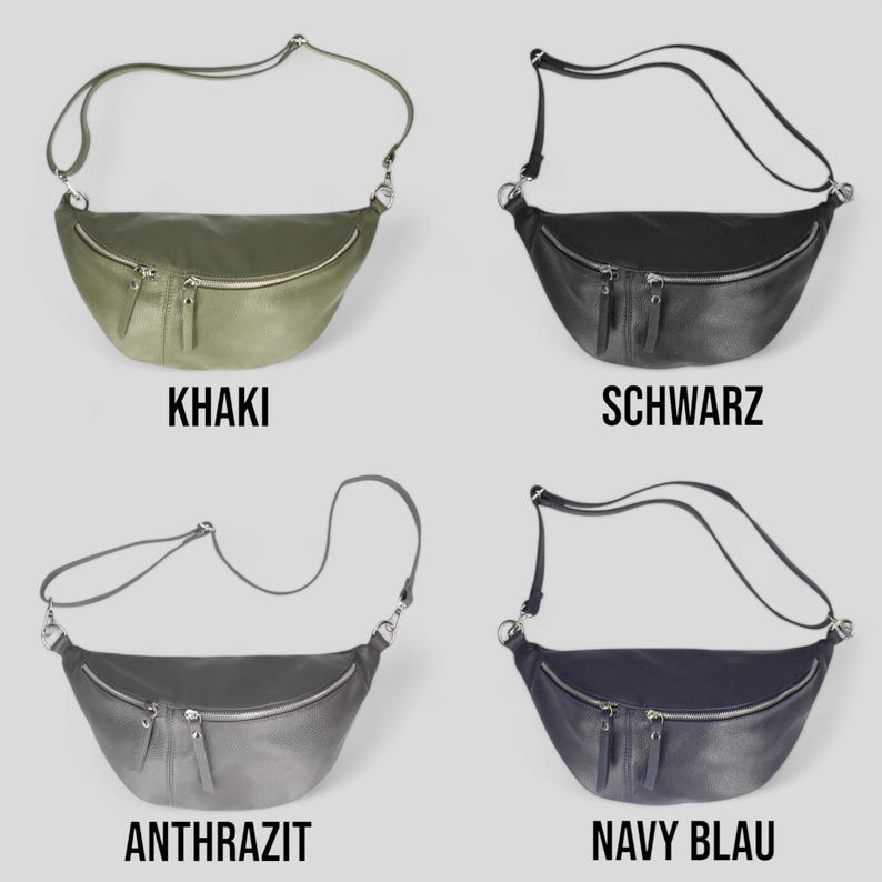 Op de afbeelding: Vier leren crossbodytassen in kaki, zwart, antraciet en marineblauw. Elke tas heeft een gebogen vorm, een zilveren rits en een lange verstelbare riem. De tassen worden getoond tegen een lichtgrijze achtergrond, met de kleurnaam eronder.