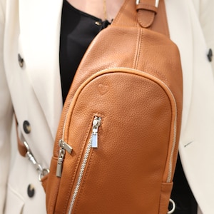 Rucksack Crossbody Bag Leder Handtasche Tasche Schultertasche Rückentasche Bauchtasche Cognac