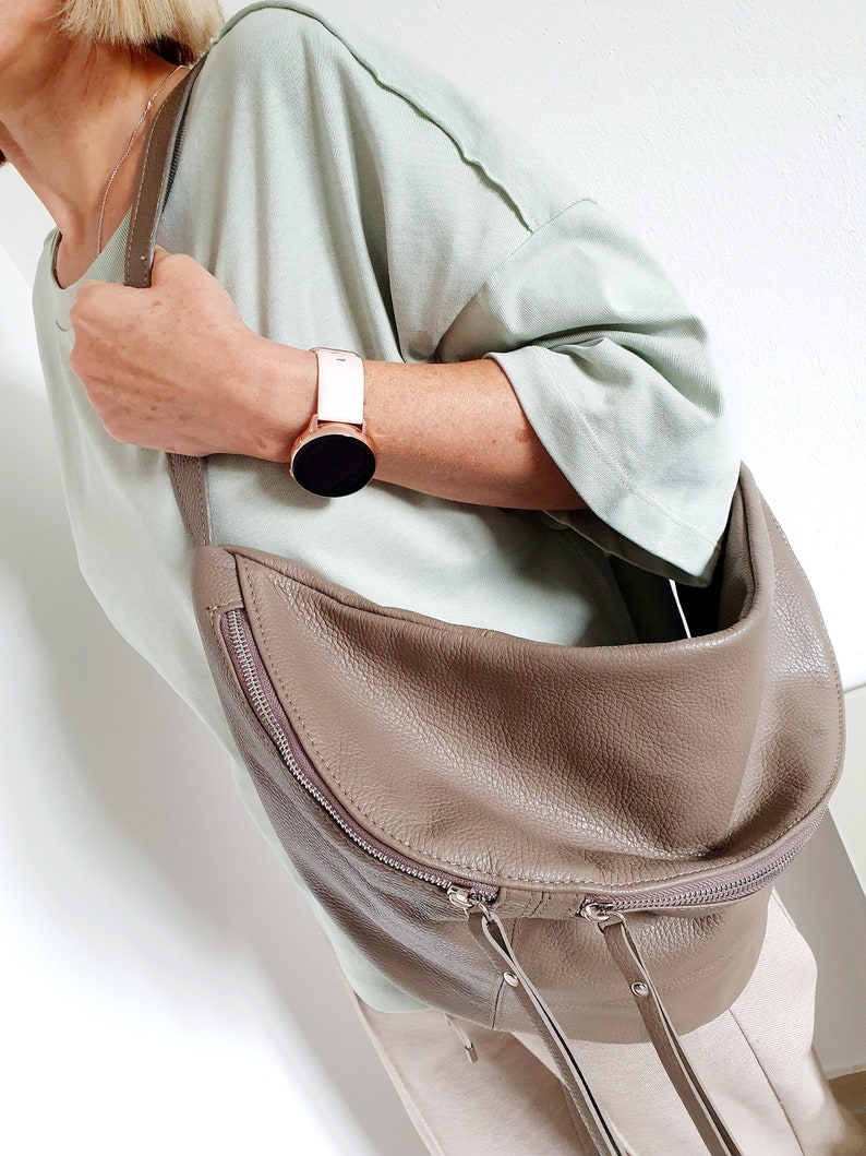 Bum bag XXL maxi leather nappa leather shoulder bag crossbody bag belt bag with LEATHER BELT Dark Taupe