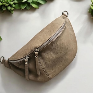 Op de afbeelding: Een donker taupe leren heuptas met twee compartimenten met ritssluiting en zilverkleurige hardware. De tas heeft een gebogen vorm en een getextureerd oppervlak. De tekst "DARK TAUPE" wordt onderaan de afbeelding weergegeven.