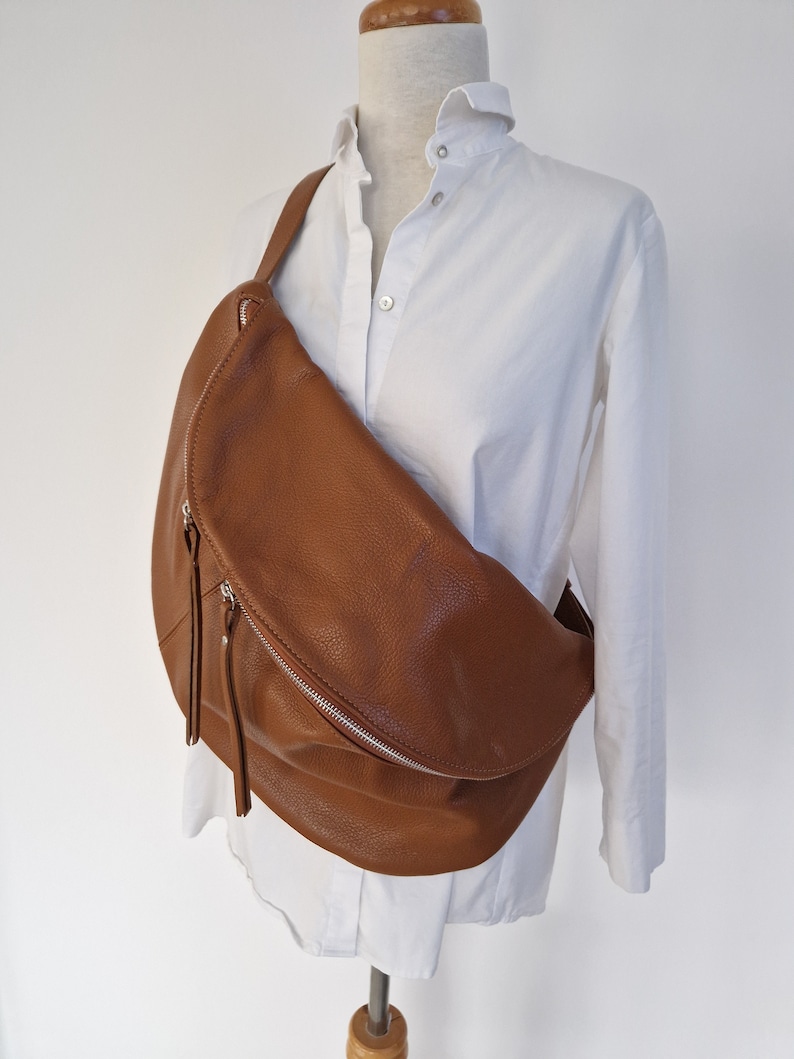 Bauchtasche XXL Maxi Leder Nappaleder Umhängetasche Crossbody Tasche Gürteltasche mit LEDERGURT Cognac