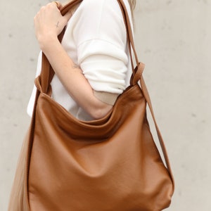 Rucksack Leder XL Umhängetasche 2 in 1 crossbody Bag Handtasche Tasche Shopper Cognac