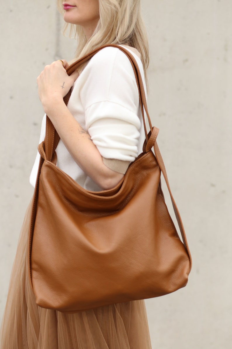 Backpack leather XL shoulder bag 2 in 1 crossbody bag handbag shopper Cognac