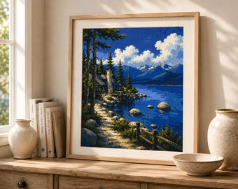 タホ湖クロスステッチパターンPDF｜山と湖の風景｜キャビン刺繍パターン｜自然をテーマにしたカウントクロスステッチ｜即時ダウンロード