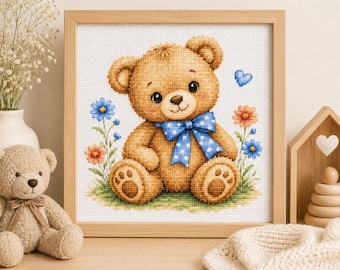 小さなテディベアのクロスステッチパターンPDF、赤ちゃん動物の刺繍、子供部屋の装飾、DMCチャート、即時ダウンロード