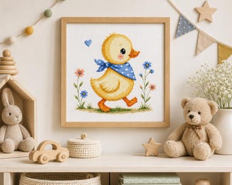 小さなアヒルのクロスステッチパターンPDF、赤ちゃん動物の刺繍、子供部屋の装飾、DMCチャート、即時ダウンロード