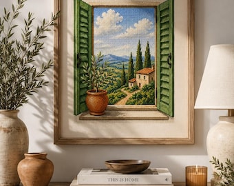 トスカーナの窓のクロスステッチパターンPDF、イタリアの風景刺繍図案、トスカーナの景色、窓の風景、即時ダウンロード