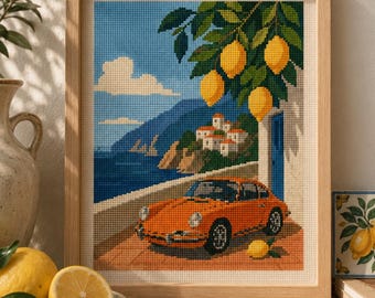 イタリアの夏のクロスステッチパターンPDF、アマルフィ海岸の刺繍パターン、レモンの木、ビンテージカー、地中海の風景、即時ダウンロード