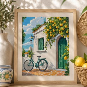 Korsstygnsmönster med citronträd i medelhavet, broderidiagram med cykel och italienskt hus (PDF-nedladdning)