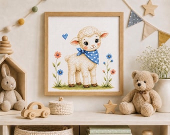 子羊のクロスステッチパターン、子羊のPDF、子供部屋の刺繍、農場の動物のパターン、即時ダウンロード
