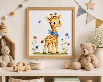 小さなキリンのクロスステッチパターン（PDF）、赤ちゃん動物の刺繍、子供部屋の装飾、DMCチャート、即時ダウンロード
