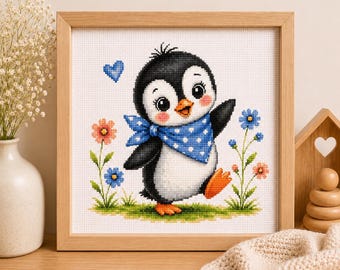 リトルペンギンのクロスステッチパターン（PDF）｜赤ちゃんペンギンの刺繍｜子供部屋の装飾｜即時ダウンロード｜200×200ステッチ