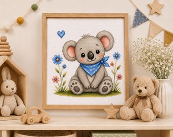 小さなコアラのクロスステッチパターン 赤ちゃんコアラのPDFパターン かわいい動物の刺繍デザイン 子供部屋の装飾 即時ダウンロード DMC PDFチャート