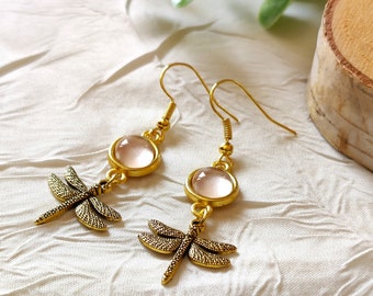 Celtic out lander dragonfly earrings, gold stainless steel jewelry, antique vintage style, gift for her woman mother mother, Christmas