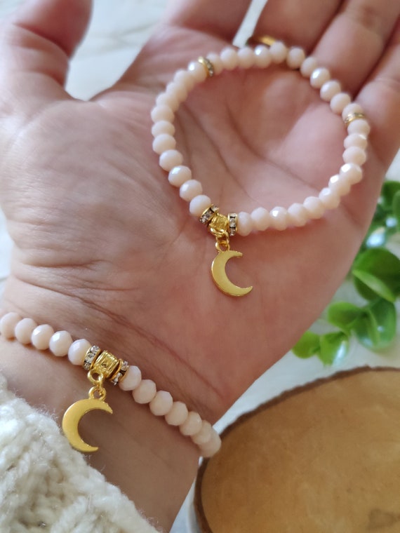 Bracelet Tasbih 33 Perles Rose Et Lune Dorée - Cadeau Spiritualité Ramadan Eid - Neuf Sans Boîte