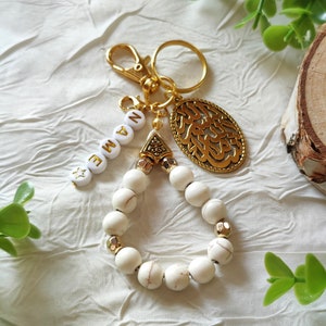 Tasbih 11 perles porte clés personnalisable nom, bracelet doigt perles de prière, cadeau homme eid, cadeau ramadan, Umrah, doré, keychain