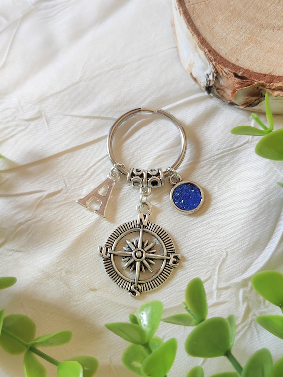 Personalized North Compass Keychain Initial Letter Birthstone Gift for Men  Women Traveler Protection Steampunk Antique