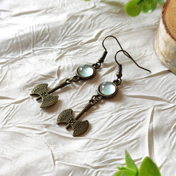 Antique bronze Viking ax earrings, customizable jewelry, Nordic mythology, gift for her, Mother's Day, painted glass