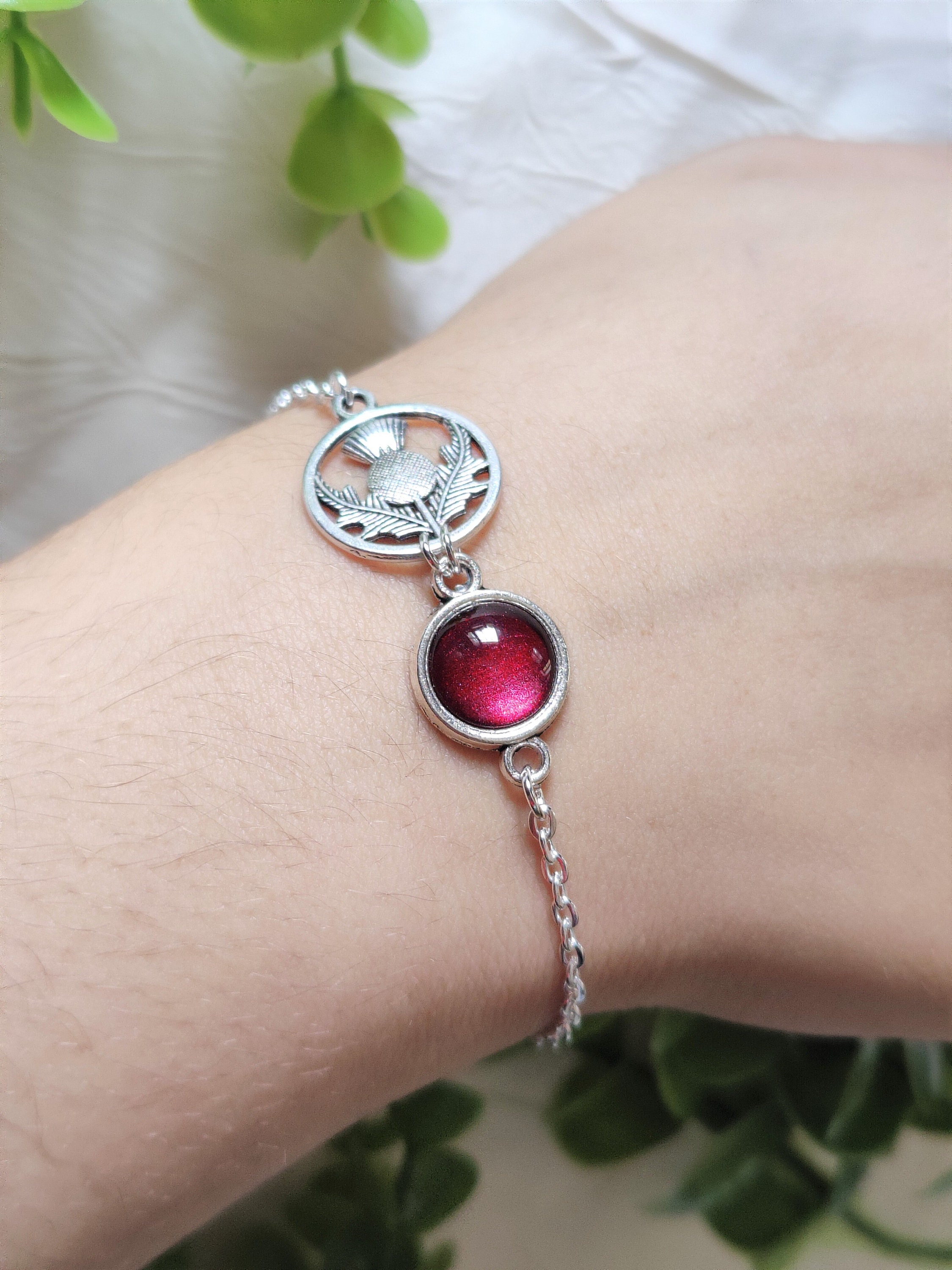 Bracelet Collier Celtique Outlander - Motif Chardon écossais Sassenach Bordeaux, En Verre