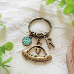 Personalized alien ufo keychain initial letter birthstone man woman gift customizable space ship ufo antique bronze