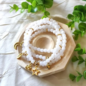 Pulsera Tasbih 33 perlas personalizables para mujer, blanco - oro, regalo Eid Ramadán, cuentas de oración dhikr, flor de luna corazón hoja estrella