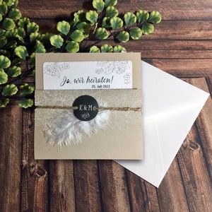 Hochzeitseinladung BoHo Vintage Kraftpapier Rustikal Feder Kraftkordel (EX 727.024)