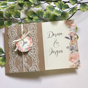 Hochzeitseinladung, Boho, Vintage Kraftpapier Spitze Rustikal Satinband m. Anhänger