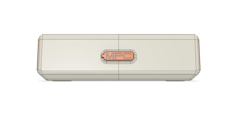 May include: A rectangular, off-white device with a rounded design. The device features a rectangular, orange-colored inset with the letters "MFC" in white. The edges of the device have orange accents.