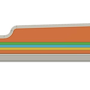 May include: A retro-style, rectangular device with an orange top and a gray base. The design features horizontal stripes in green, yellow, and blue. The device has a curved edge on one side and a slanted edge on the other.
