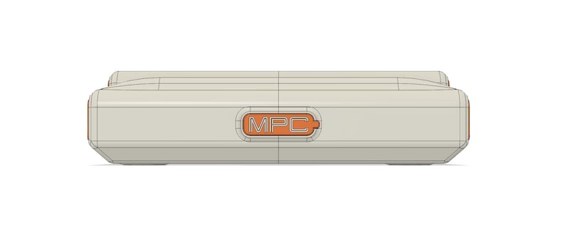 May include: A light beige rectangular device with rounded edges. An orange-colored rectangle is centered on the device, with the letters "MPC" in white. The device has a geometric design with visible lines.