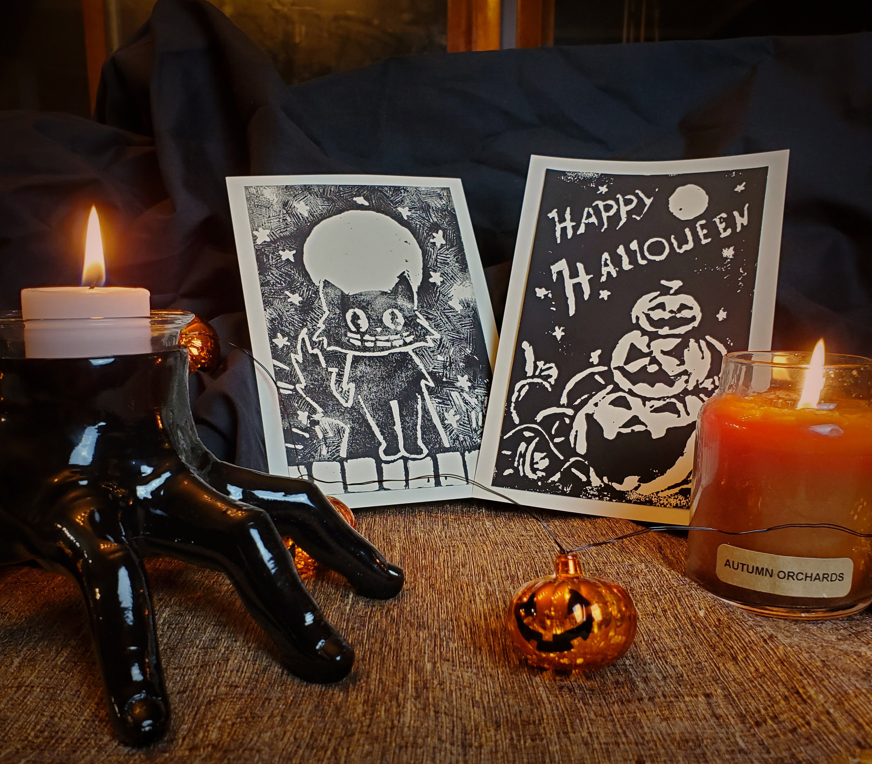 Halloween Art Greeting Card Linocut Block Print | Etsy